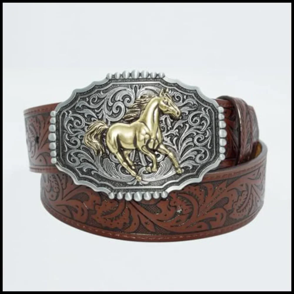 Western PU Leather Belt Floral Embossed Vintage Buckle Cowgirl Cowboy Style - Picture 3 of 7